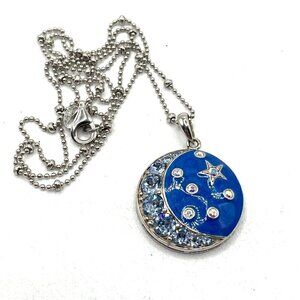 Celestial Stars Moons .925 Sterling Blue Enamel CZ Pendant Necklace 10" Drop
